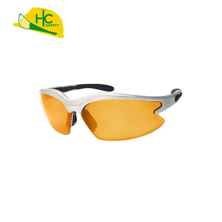 Stylish silver safety glasses - Orange lenses with silver frames and black non-slip temples.
